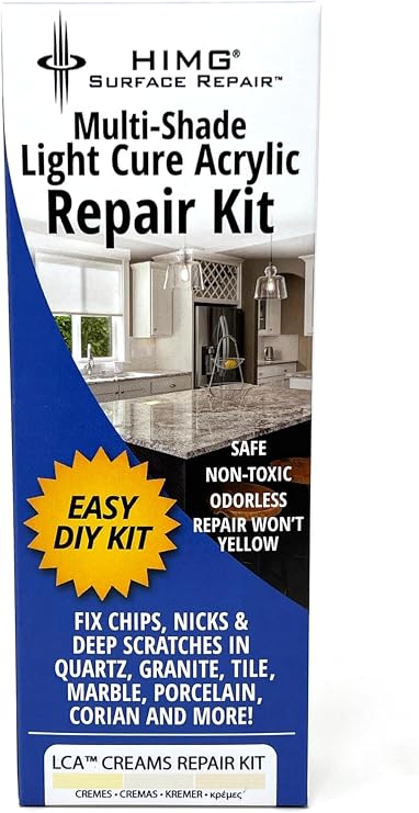 Cream Tones Upgraded, Quartz Countertop Repair Kit, Granite Repair Kit, Chip Repair for Quartz, Granite, Marble, Corian, Porcelain, Acrylic, Edge Chips and More, by HIMG Surface Repair | Fast-acting cream tones repair kit designed for edge chips on quartz, granite, marble, corian, acrylic, and porcelain