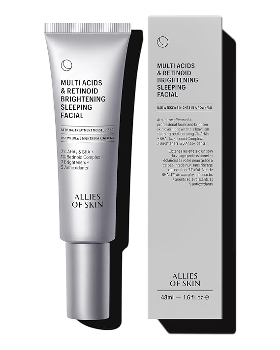 Allies of Skin Multi Acids & Retinoid Brightening Sleeping Facial: Glycolic + Lactic + Salicylic Acid, Hyaluronic Acid, Niacinamide, 1% Retinoid Complex. Overnight Sleeping Peel. 1.7 oz / 50 ml