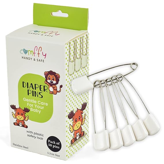 50 PCS Diaper Pins - Stainless Steel Pins with Plastic Safety Lock, Large Nappy Pins with White Plastic Heads, 5.5cm x 1.1cm - Safety Pins for Baby Cloth Diapers