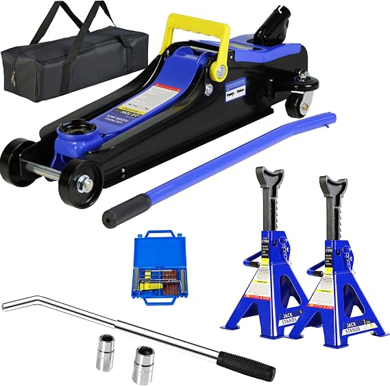 Automotive Hydraulic Trolley Service Car Jack Set Include 1 Pair 3-Ton Jack Stand,Heavy Duty Steel 2-Ton Racing Floor Jack w/Carry Bag,Tire Repair Kit and Wrench for Garage Auto Repair Shop