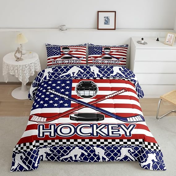 Feelyou Ice Hockey Comforter Set for Boys Kids Teens Bedroom Decor Soft Sports Bedding Sets Twin Size with 1 Pillowcase American Flag Bedding Comforters (Navy Blue)