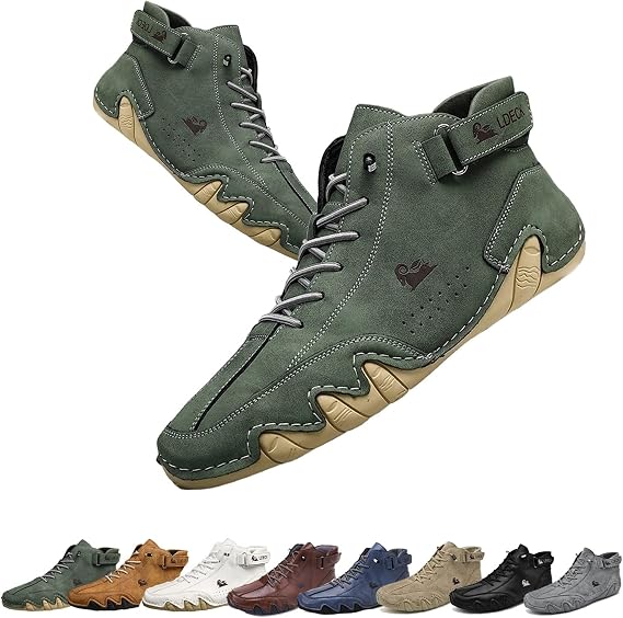 Handmade Italian Suede Velcro High Boots - Beck Shoes Men's Waterproof Casual Sneakers, Men's Non-Slip Breathable Outdoor All-Season High-Top Chukka Boots Color: Green, Size: 44 EU