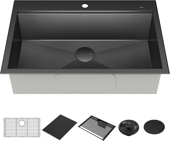 DELTA FAUCET Delta Rivet 33 Inch Black Stainless Steel Drop-In Top Mount 16 Gauge Workstation Kitchen Sink Single Bowl in PVD Gunmetal Finish with WorkFlow Ledge and Accessories, 95A9031-T33S-GS