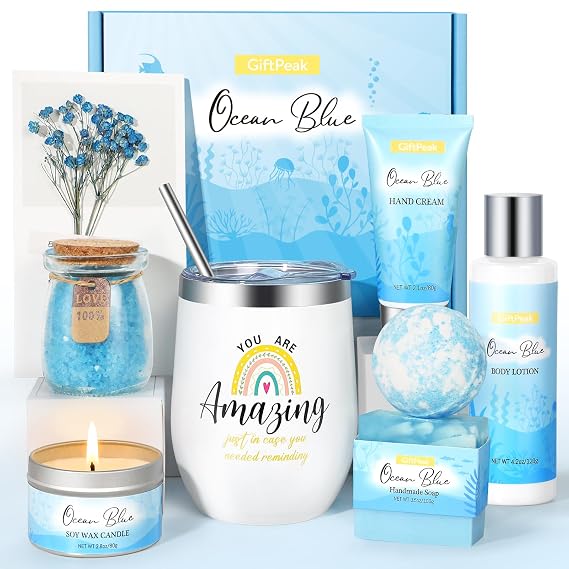Birthday Gifts for Women, Ocean Scented Relaxing Spa Gift Baskets for Women Mom Her Wife Sister Friends Coworker Employee, Self Care Bath and Body Gift Set for Mothers Day Birthday Inspirational Gift