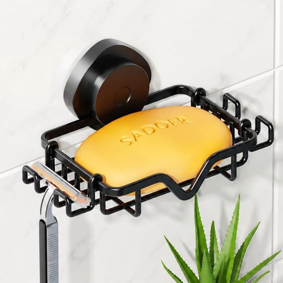KEGII Soap Holder Dish with Suction Cup and Razor Holder & Hooks, Stainless Steel Rustproof Bar Suction Soap Tray for Shower Wall, Bathroom, Kitchen, Drill-Free, Black | Rustproof Stainless Steel Soap Tray for Shower Walls, Drill-Free Installation with Water Drainage Design for Bathroom