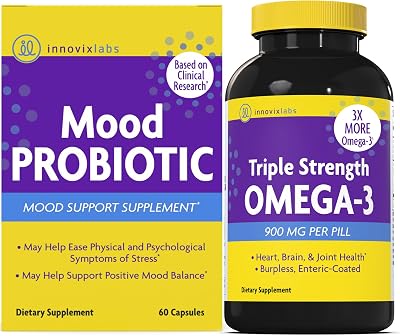 InnovixLabs Mood Probiotic & Triple Omega Bundle Mood Probiotic 60 Capsules Triple Strength Omega-3 Fish Oil 200 Softgel. Supports Brain, Joints and Immune Health
