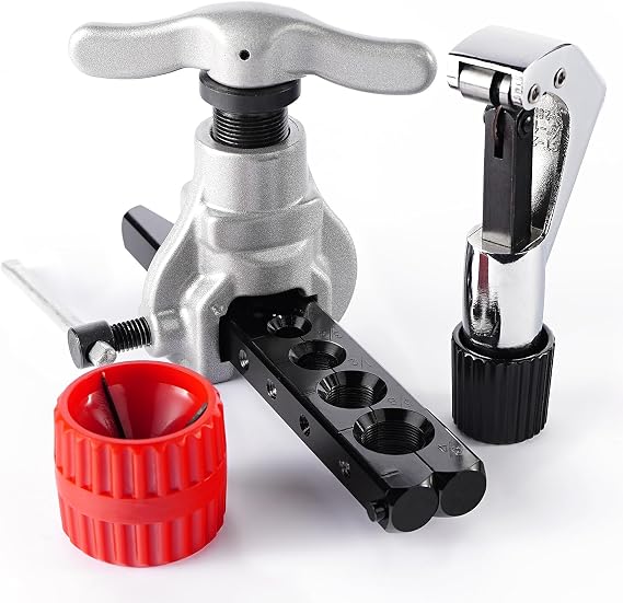 7 Dies 45 Eccentric Flaring Tool Kit for HVAC, 3/16" to 3/4" | Heavy duty set with extra adapters, a cutter for 1/8" to 1-1/8" pipe, and a round reamer