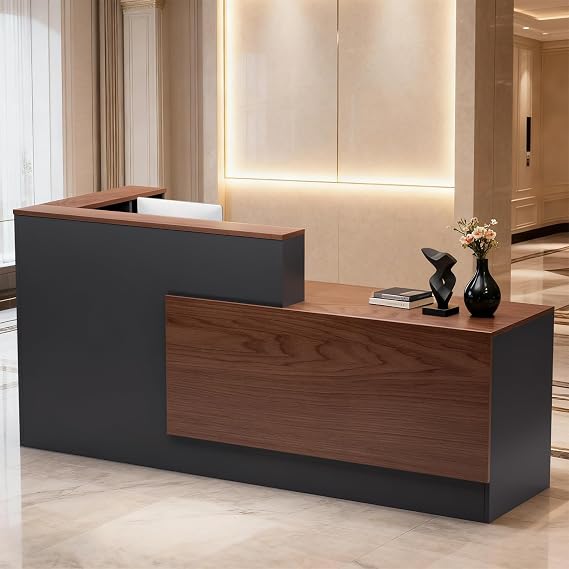 L-Shaped Large Wooden Reception Desk, Modern Front Desk Reception Counter with Lockable Drawers & Storage & Keyboard Tray, for Checkout, Lobby (Right-Walnut/Gray, 71''L x 42''W x 41''H)