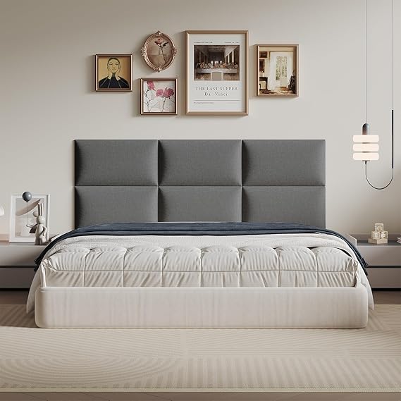 Modern Dark Grey Linen Fabric Headboard 24x12 Inch 9 Panel Set - Fits Queen, King  Beds Adjustable Bed Frame Friendly