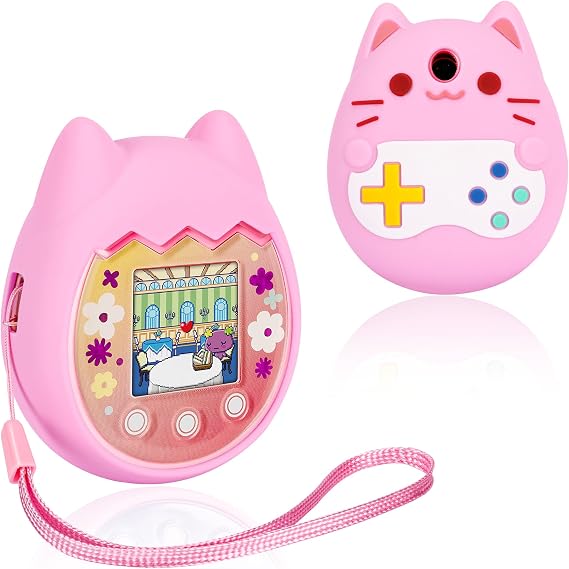 Silicone Cover Compatible with Tamagotchi Pix Virtual Pet Game Machine, Tamagotchi Pix Case with Finger Lanyard, Tomagatchie Cover of Virtual Pet Toy (Pink)