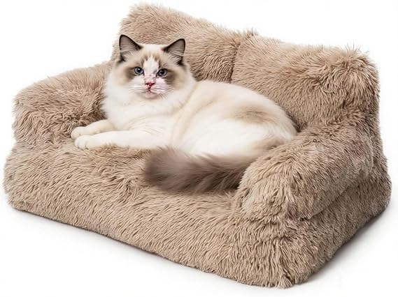 Cat Couch Bed, Plush Fluffy Cozy Cat Bed for Indoor Cats with Removable Washable Cover, Supportive Anti-Slip Dog Beds Sofa for Small Dogs (55x38x18cm,Coffee)