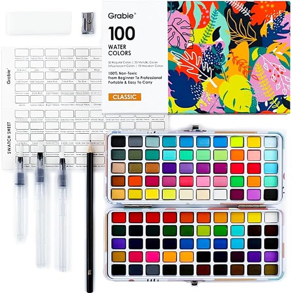 Grabie Watercolor Paint Set of 100 Color with Water Brush Pens | Water Brush Pens Included, Portable Carrying Case, High Pigment Paints, Smooth Blending, Travel Painting