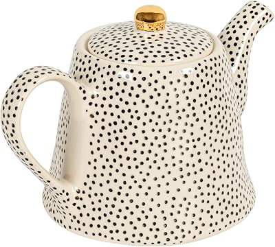 White Stoneware Teapot with Black Speckles & Gold Electroplating