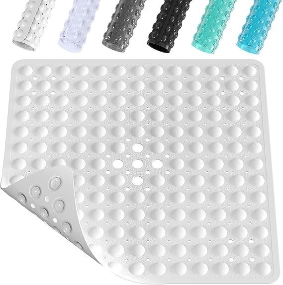 XIYUNTE Shower Mat Non Slip Anti Mould - 53 x 53cm Square Bath Mat Non Slip Shower Mats for Inside Shower, Anti Slip Shower Mat with Strong Suction Cups & Drain Holes, Machine Washable, White