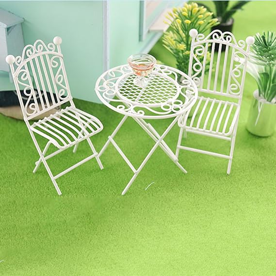 Doll House Furniture and Accessories Set Dollhouse Miniature Bistro Table & Chairs Set Accessories Metal 1:12 Scale Miniatures White Furniture Doll House Furniture and Accessories Set
