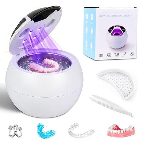 45kHz Ultrasonic Retainer Cleaner Machine, Denture Retainer Cleaner for Night Guards, Braces, Aligner, Jewelry