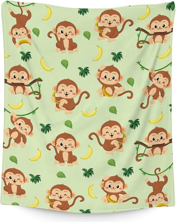 Monkey Stuff for Kids - 40"x50" Inches Monkey Throw Blanket for Teens - Green Lightweight Cozy Blankets for Sofa, Bed & Crib