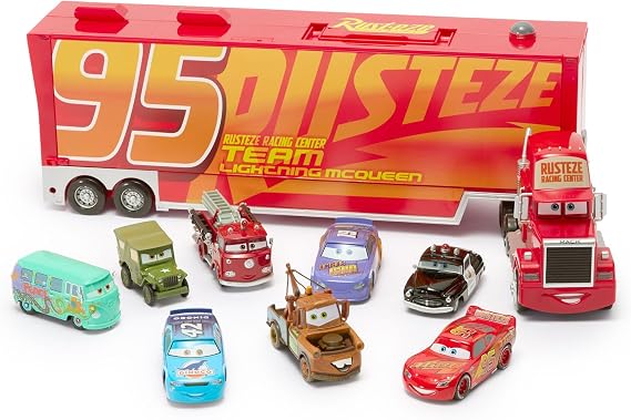 Disney Store Official Mack Hauler Play Set - Light & Sound Mack Carrier with 8 Pullback Die Cast Vehicles - Red, Fillmore, Lightning McQueen, Bobby Swift, Cal Weathers, Sarge, Sheriff & Tow Mater