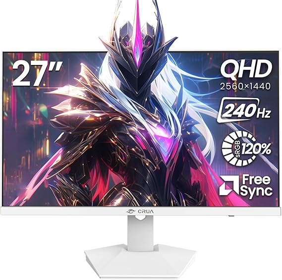 CRUA 27" QHD 2560x1440 240Hz IPS Gaming Monitor, FreeSync, HDMI/DP, White | 120%sRGB Color, Built-In Speakers, Blue Light Filter and 75x75mm Wall Mount for PC Gaming, Video Editing, Streaming and Work