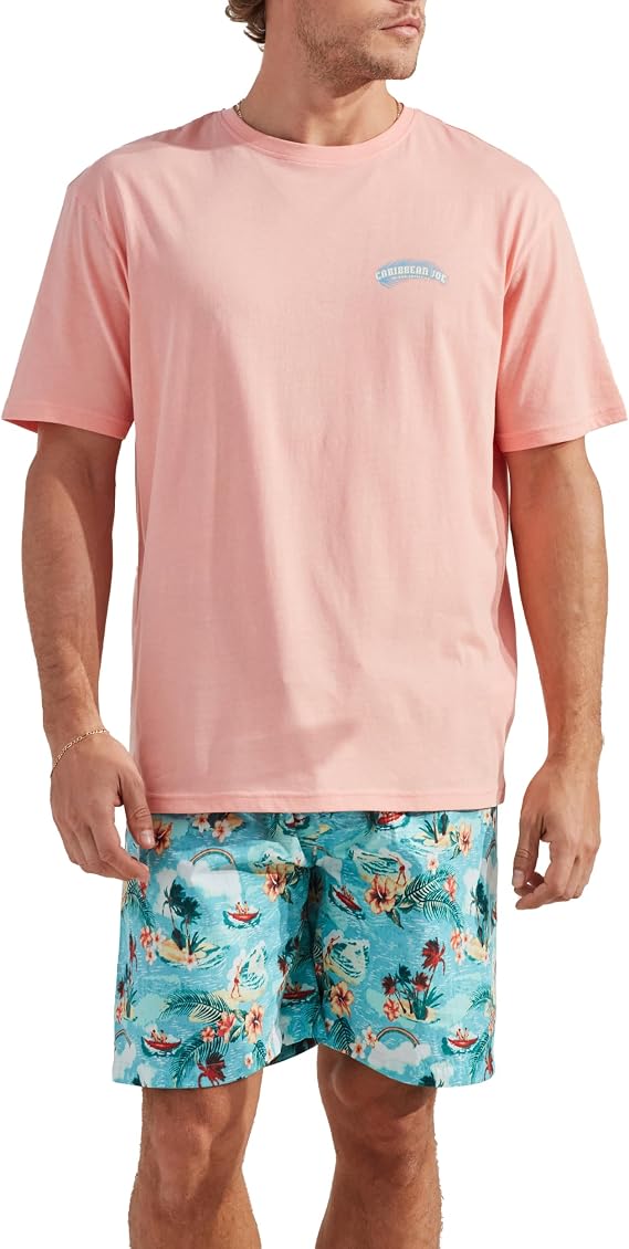 CARIBBEAN JOE Men's Men's Pajama Sleep Set, Palm Island Shorts and Coral Crew Neck T-shirt Pajamas, Lightweight Novelty Pjs