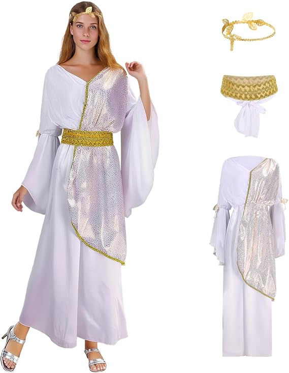 Greek Goddess Costume Women Toga Costume with Roman Crown Leaf Wreath Halloween Cosplay Roman