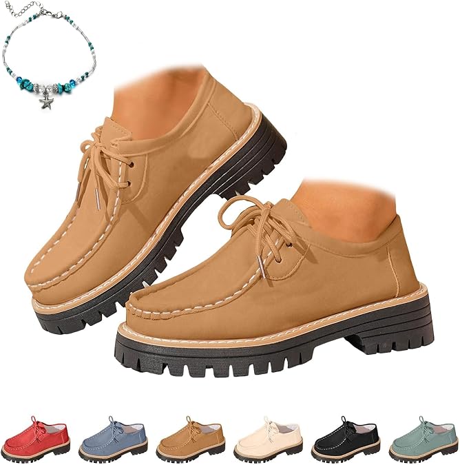 Women's Orthopedic Platform Loafers, Suede Leather Chunky Heel Lug Sole Comfortable Leather Chunky Penny Loafer Ladies Fashion Lace up Slip-On Business Work Shoes