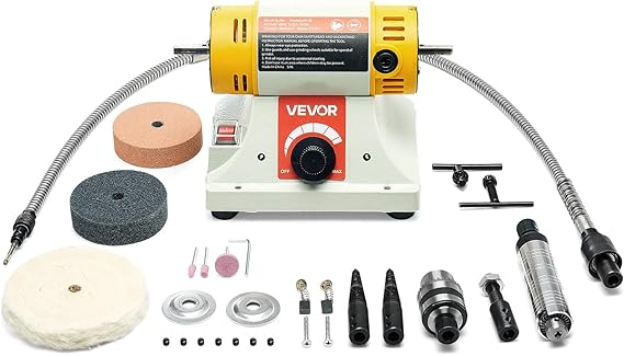 VEVOR Bench Buffer Polisher, 1/2HP Polishing Buffing Machine, 0 to 8000RPM Benchtop Polisher Grinder with 4" Cloth Wheel, 3" Grinding Wheel & 3" Fiber Wheel for Metal, Jewelry, Wood and Plastic