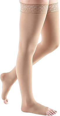 mediven comfort for women, 20-30 mmHg, Thigh High Stockings w Lace Top-Band, Open Toe, Natural, III