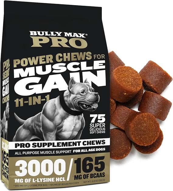 Bully Max 11-in-1 Dog Muscle Builder Power Chews - High Protein Muscle Gain Supplement with Amino Acids - Vet-Recommended for Puppy & Adult Canines, All Breeds & Ages - Made in USA - 75 Soft Chews