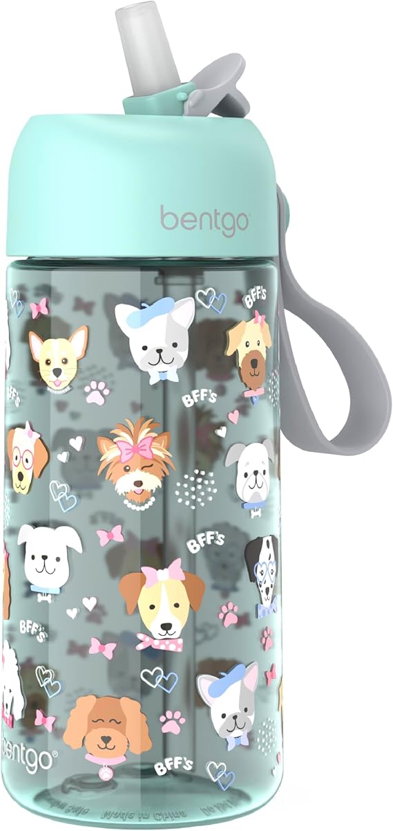 Bentgo Kids Water Bottle - Leak-Proof, Durable Tritan PFAS- & BPA-Free 15 fl oz, Kids/Toddlers Ages 3+ for School & Sports; Bite & Sip Spout, Carrying Handle, Dishwasher Safe (Puppy Love)