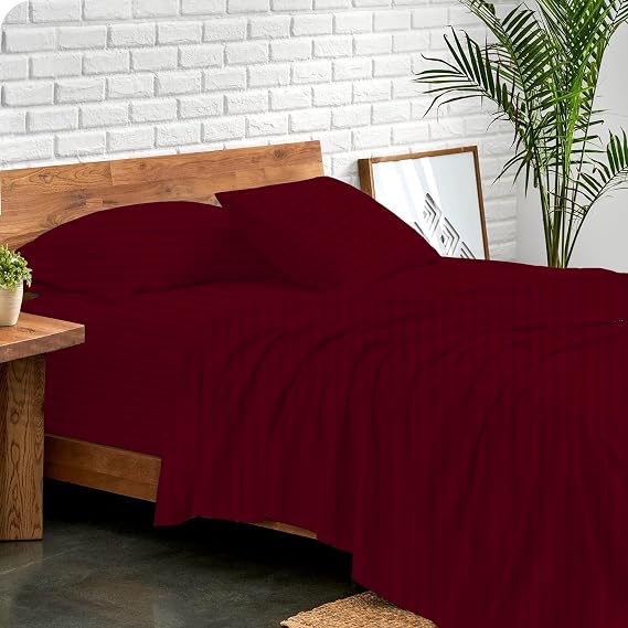Stoffkontor Queen Size Sheet Set - 100% Egyptian Cotton 1000 Thread Count Bed Sheets 4Pcs Luxurious Sheet Set Luxury Hotal Quality 15" Inch Deep Pocket - Burgundy Stripe Sheet Set