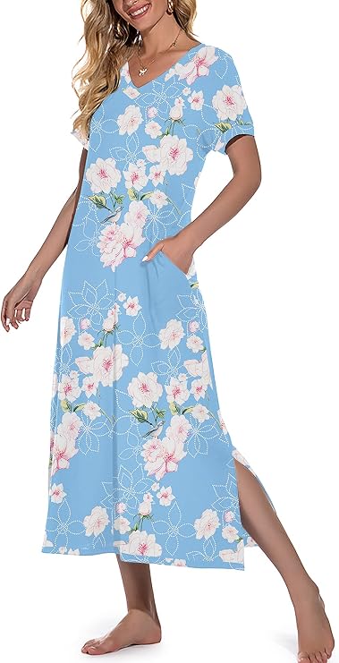 PrinStory Womens Long Nightgowns Short Sleeve Nightshirt Soft Sleep Dress with Pockets