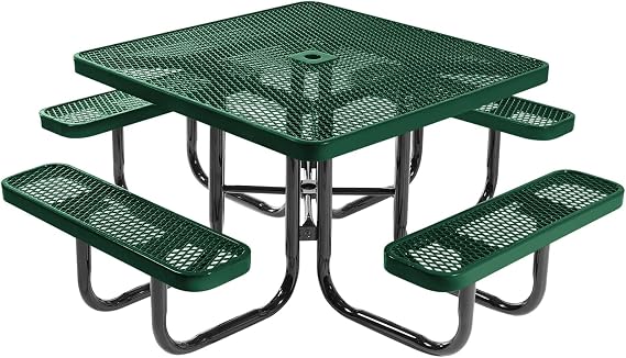 COATEDOUTDOORFURNITURE Heavy-Duty Portable Outdoor Picnic Table with Umbrella Hole, Expanded Metal Commercial-Grade Patio Dining Furniture Made in America (46" Square Top, Textured Green)