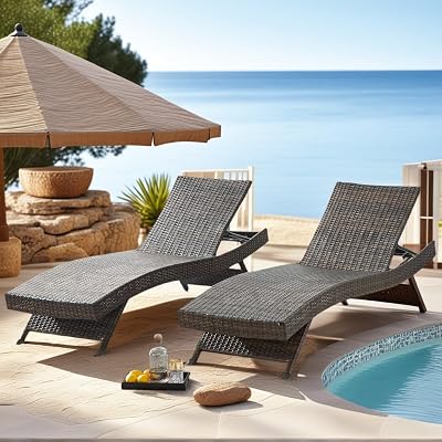 PE Rattan Adjustable Backrest Chaise Lounge Set 2, Outdoor Pool Recliner Patio Chairs Lounge Chair Set 2 for Outside Beach Poolside Sunbathing