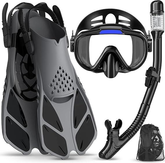 Ubekezele Snorkeling Gear for Adults Men Women,4 in 1 Snorkel Set with Panoramic View Diving Mask Anti-Fog Anti-Leak,Dry Top Snorkel,Fins and Travel Bag for Swimming,Snorkeling and Travel Diving