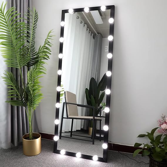 Full Length Mirror with Lights 63" x 24", Full Body Mirror with Lights,with 22 Dimmable LED Bulbs, Standing/Wall-Mounted/Floor Mirror/Makeup Mirror with Dimming & 3 Color Lighting (BlackA-63''x24'')
