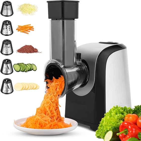 Electric Cheese Grater 5-in-1, 150W Salad Shooter & Food Slicer | Vegetable Shredder & Food Processor with 5 Stainless Steel Cones for Block Cheese, Carrots, Cabbage & Nuts, BPA-Free