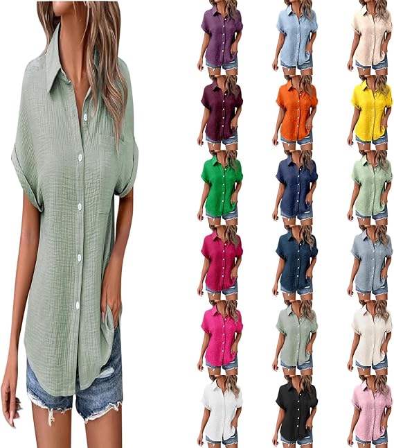 Button Up Short Sleeve Shirts for Women Casual Ladies Shirt Collared Loose Fit V Neck Solid Color Summer Blouse Tops