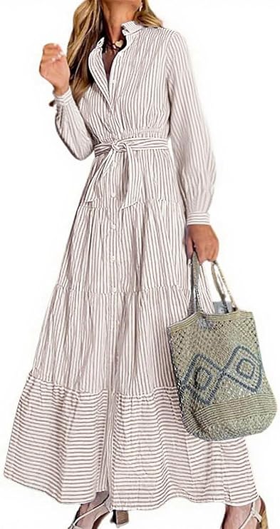 utcoco Womens Casual Long Sleeve Button Down Tie Waist Ruffled Striped Maxi Shirt Dress