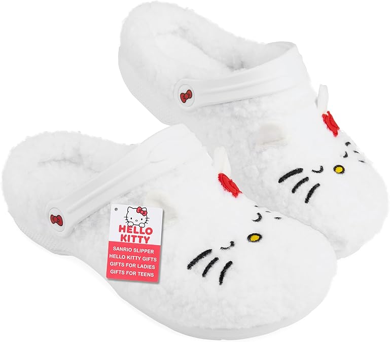 Hello Kitty Sanrio Borg Clogs for Girls Teens Women, US 2.57.5, Non-Slip Fleece Slippers, Mules, Kawaii Gifts for Women