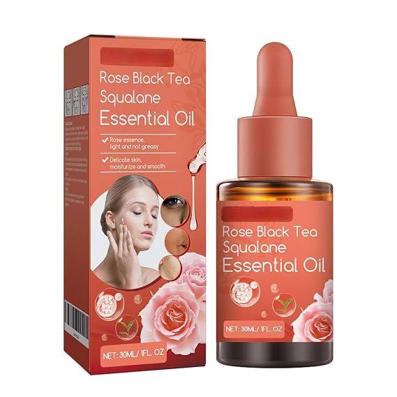 Rose Black Tea Squalane Essential Oil, Squalane Rose Oil for Face, Hydrating Facial Oil, Face Anti Aging, Reduce Wrinkles & Fine Lines, Tighten Skin, Deep Hydration