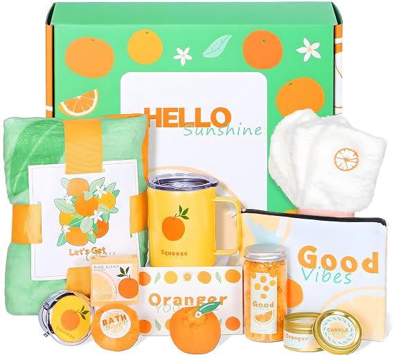 Birthday Gifts for Women, Self Care Spa Gifts Get Well Soon Basket Care Package, Flannel Blanket Candle Bath Bomb Personalized Mothers Day Gift for Mom Wife Grandma Friend Sister (Orange)