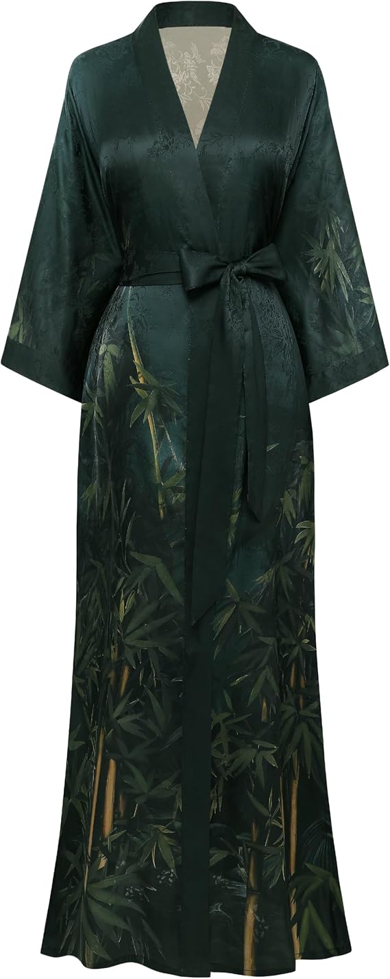PRODESIGN Kimono Robe for Women - Long Satin Sleepwear Silky Kimono Cover-Up Nightgown Japanese Bathrobe Loungewear Blouse | Breathable, Ankle Length, Sash Tie, Side Pockets, Printed Sleeves, Dressing Gown, Wedding Party Wear