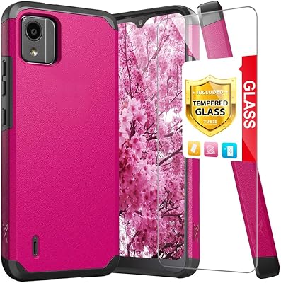 TJS Compatible for Nokia C110 N156DL Case, with Tempered Glass Screen Protector Dual Layer Hybrid Magnetic Support Shockproof Protection Cover Phone Case Pink