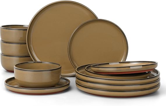 HaWare Camel Brown Dinner Set, 12 Piece Stoneware Dinnerware Service for 4, Reactive Glaze Plates and Bowls Set with Rustic Terracotta Base, Chip and Scratch Resistant, Microwave & Dishwasher Safe