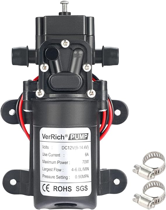 DC 12V Water Pump 4L/M 1GPM Diaphragm Pump 3/8" 10mm Fitting with Clamps | Without Pressure Switch,Continuous Run Bypass Diaphragm Pump for Spraying &amp; Chemical Liquid Transfer