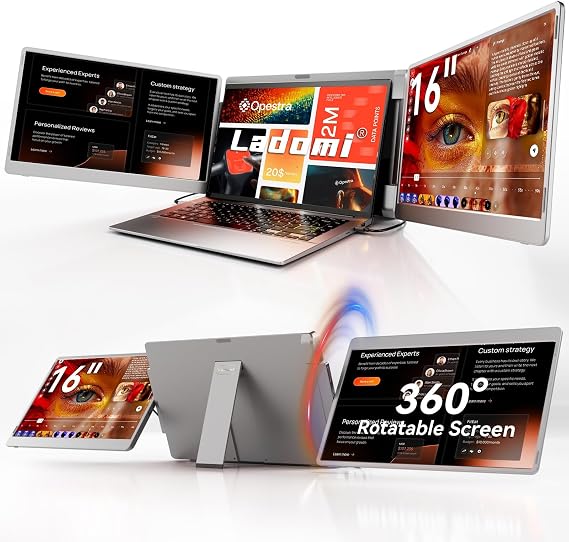 Triple Portable 16" FHD 1200P IPS Laptop Screen Extender - Plug and Play Monitor for 12" to 18.5" Laptop, MacOS, Win, Dex, Chrome, Surface, Switch