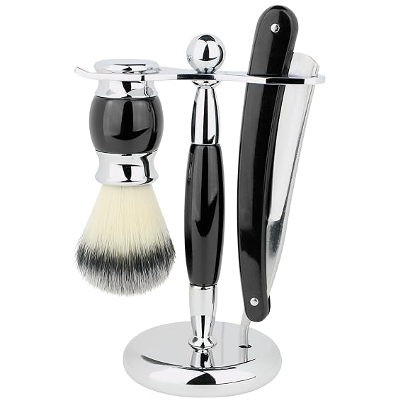 Union Razors SS5 Black Three Piece Straight Shave Kit with Razor, Brush and Stand with Wood Handles
