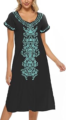 AK Caftan Boho Embroidered Dress for Women V-Neck Short Sleeve Mexican Floral Beach Cover Ups Midi Dress