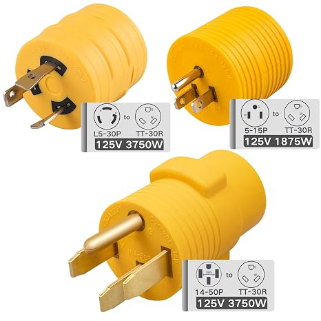MECMO 3PCs Set 30A RV Power Adapter, 50 Amp to 30 Amp RV Adapter, 30 Amp to 110 Adaptor, 14-50P to TT-30R, 5-15P to TT-30R, L5-30P to TT-30R, for 30AMP 125V RV Camper Caravan Van Trailer